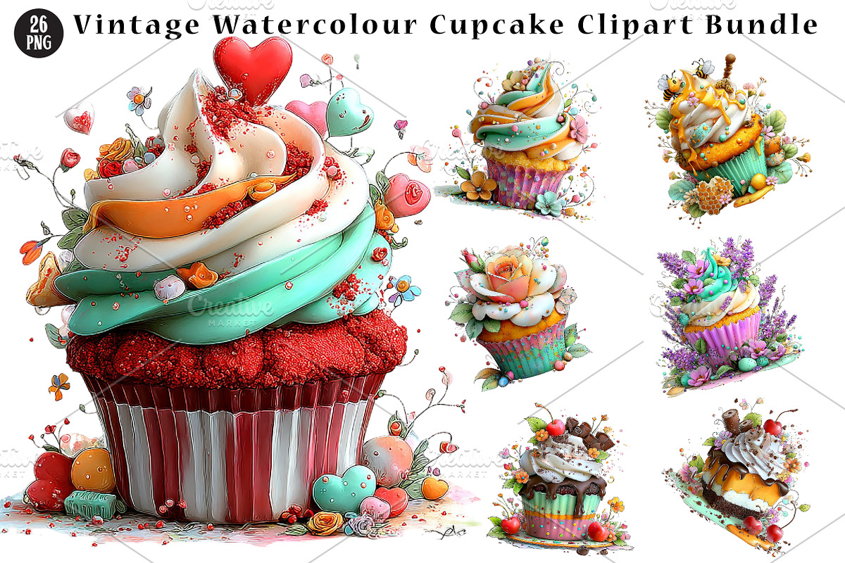 Vintage Watercolour Cupcake, a Seasonal Illustration by CreationArt (Photo 1 of 5)