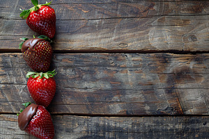 Red strawberries with chocolate on wooden table, a Food & Drink Photo by AlyaAnd