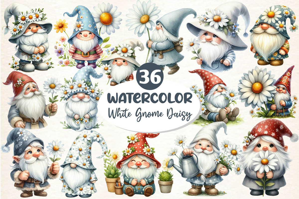 Watercolor Daisy Gnome Clipart, an Illustration by Dream Creation (Photo 1 of 4)