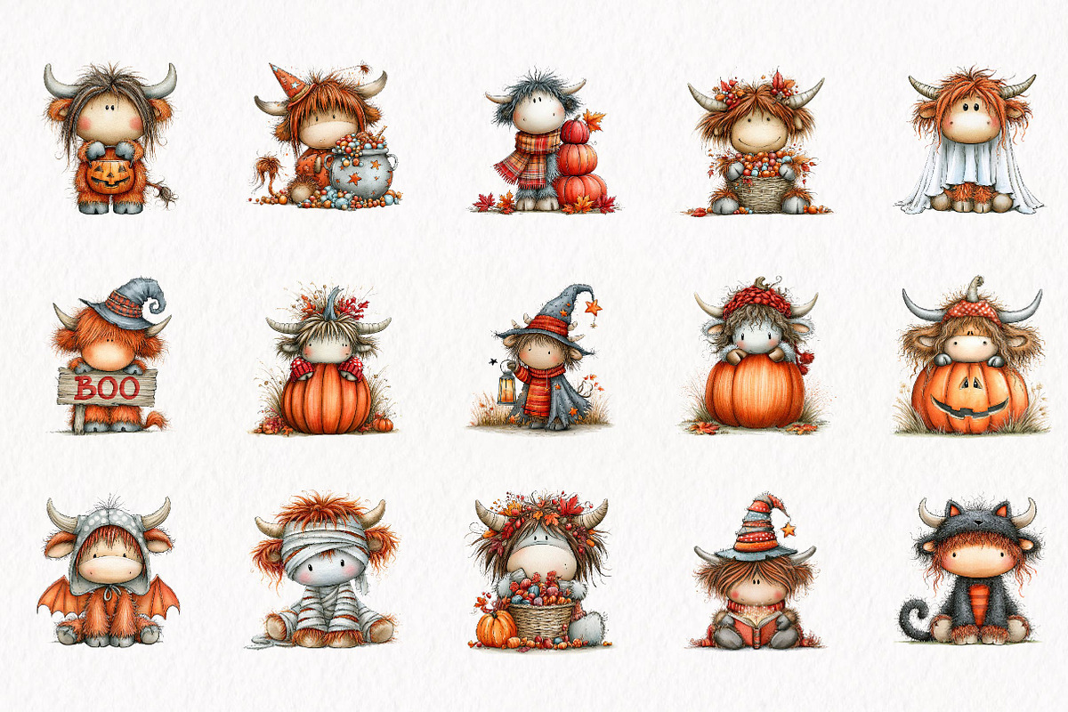 Halloween Highland Cow Clipart, a Seasonal Illustration by fashionaddict (Photo 3 of 7)