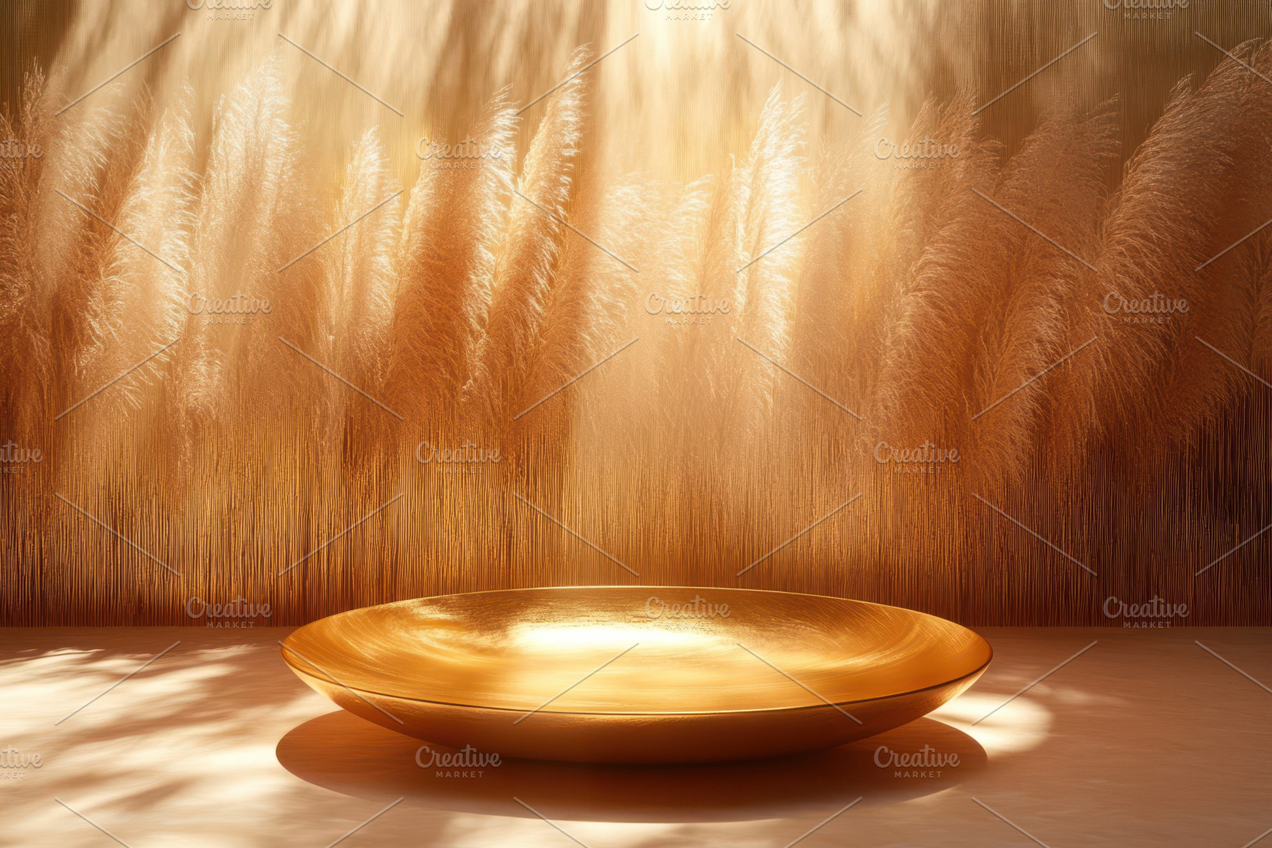 Golden bowl on beige surface pampas, an Abstract Photo by Pixeness Studio