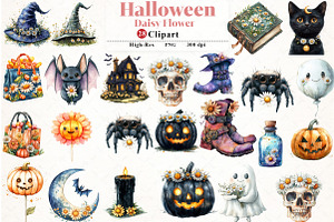 Daisy Flower & Halloween Clipart, an Illustration by Watercolor design