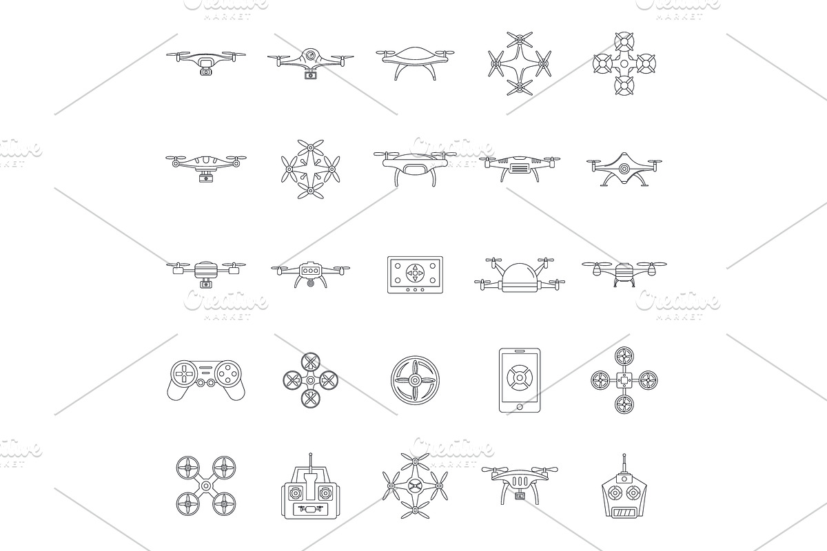 Drone camera quadcopter icons set, a Transportation Illustration by Ylivdesign