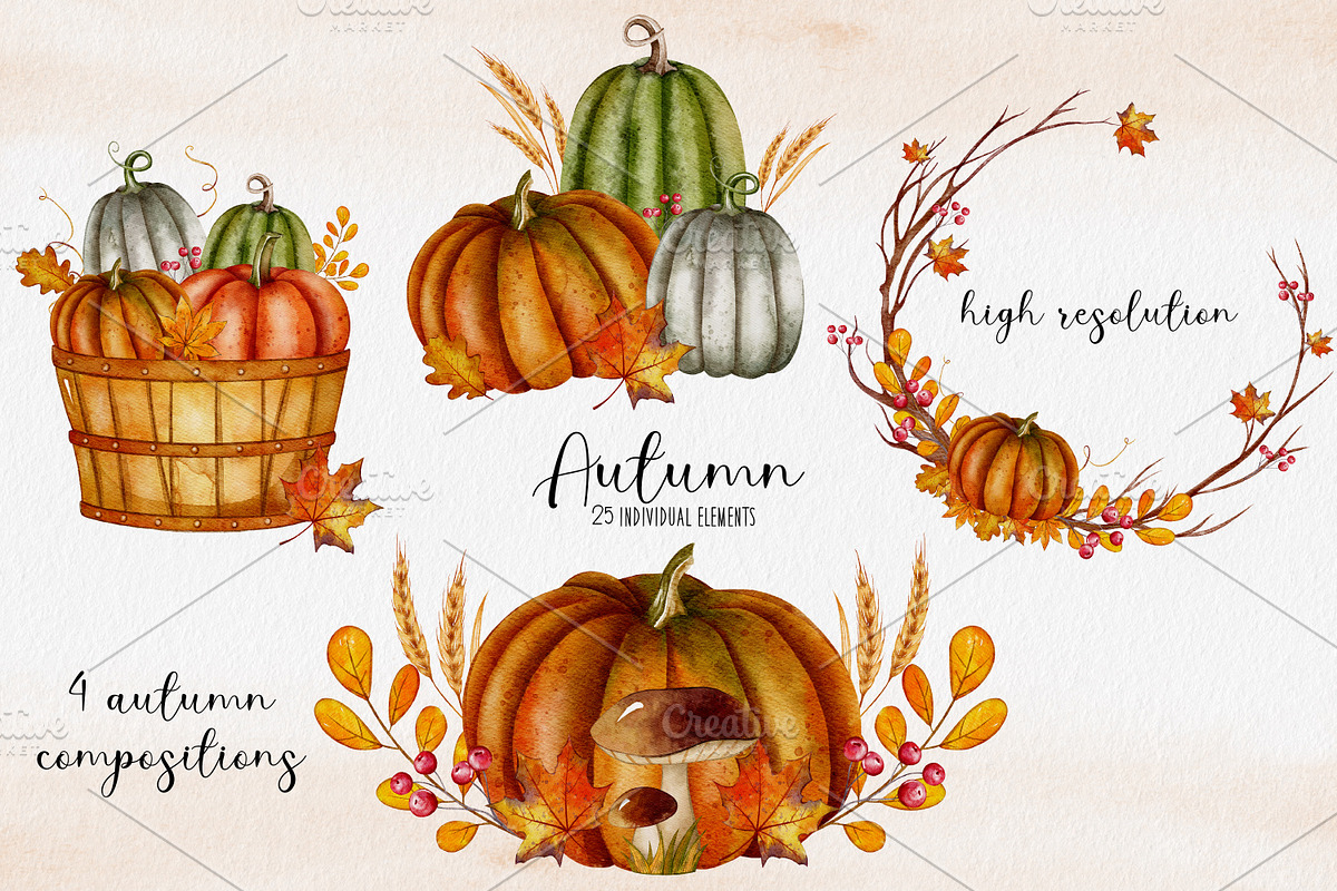Autumn Watercolor Pumpkin Clipart, an Illustration by LuiDesignStudio (Photo 3 of 4)