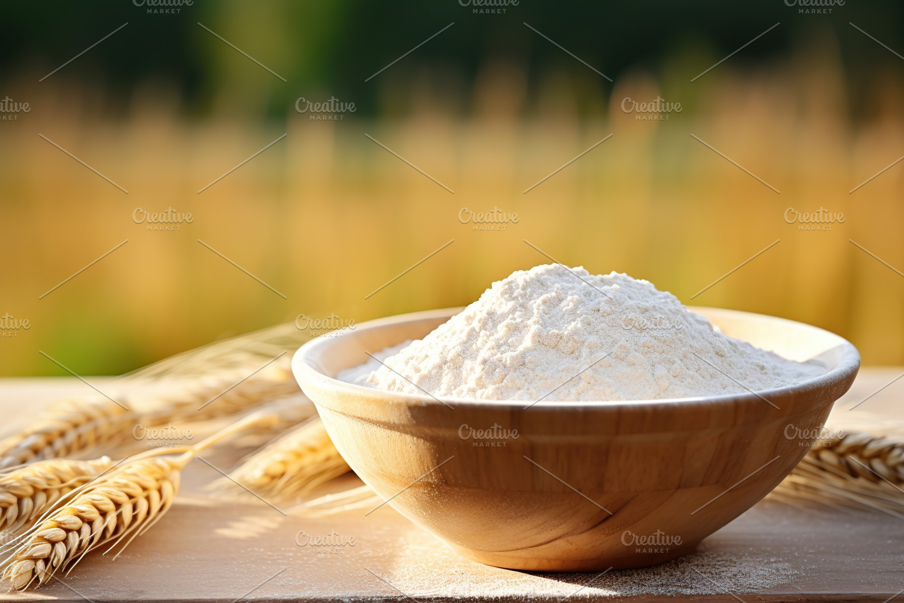 Flour in wooden bowl with wheat ears on field background, a Food & Drink Photo by AlyaAnd