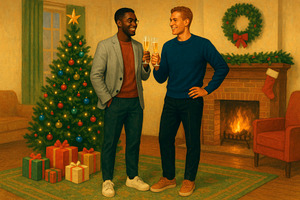 men toasting by the christmas tree, a Photo by Nito