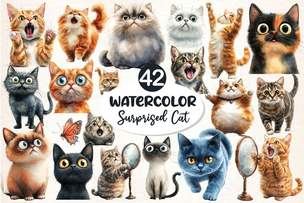 Surprised Funny Crazy Cat Clipart, an Illustration by Dream Creation (Photo 1 of 5)