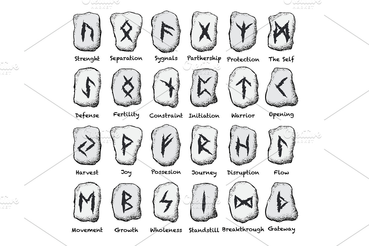 Viking runes white grunge stones set, an Outline Icon by LongQuattroArt