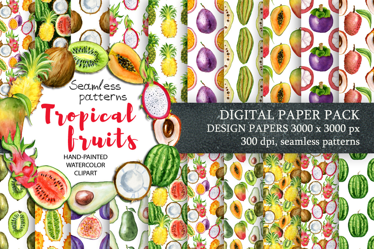 Watercolor tropical fruits clipart, a Food Illustration by Evgeniia (Photo 2 of 10)