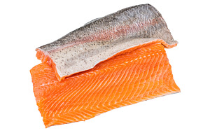Raw salmon fillet with skin and skinless piece isolated on white, a Food & Drink Photo by composter-box@mail.ru
