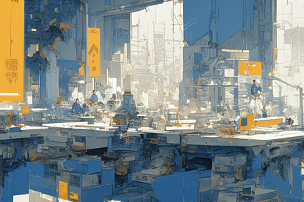 Futuristic Industrial Scene with Workers in a High-Tech Urban Environment, an Illustration by AS photostudio