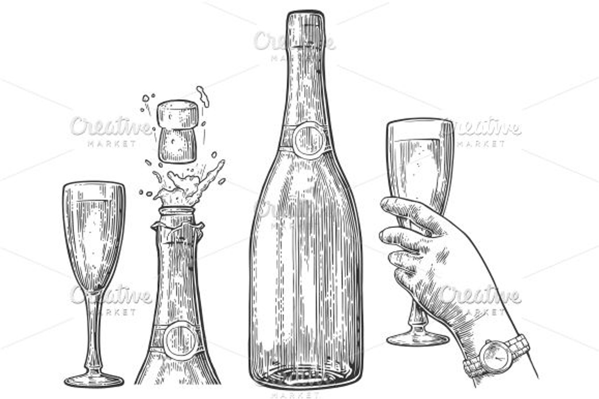 Bottle Champagne explosion and glass, a Food Illustration by MoreVector (Photo 1 of 2)