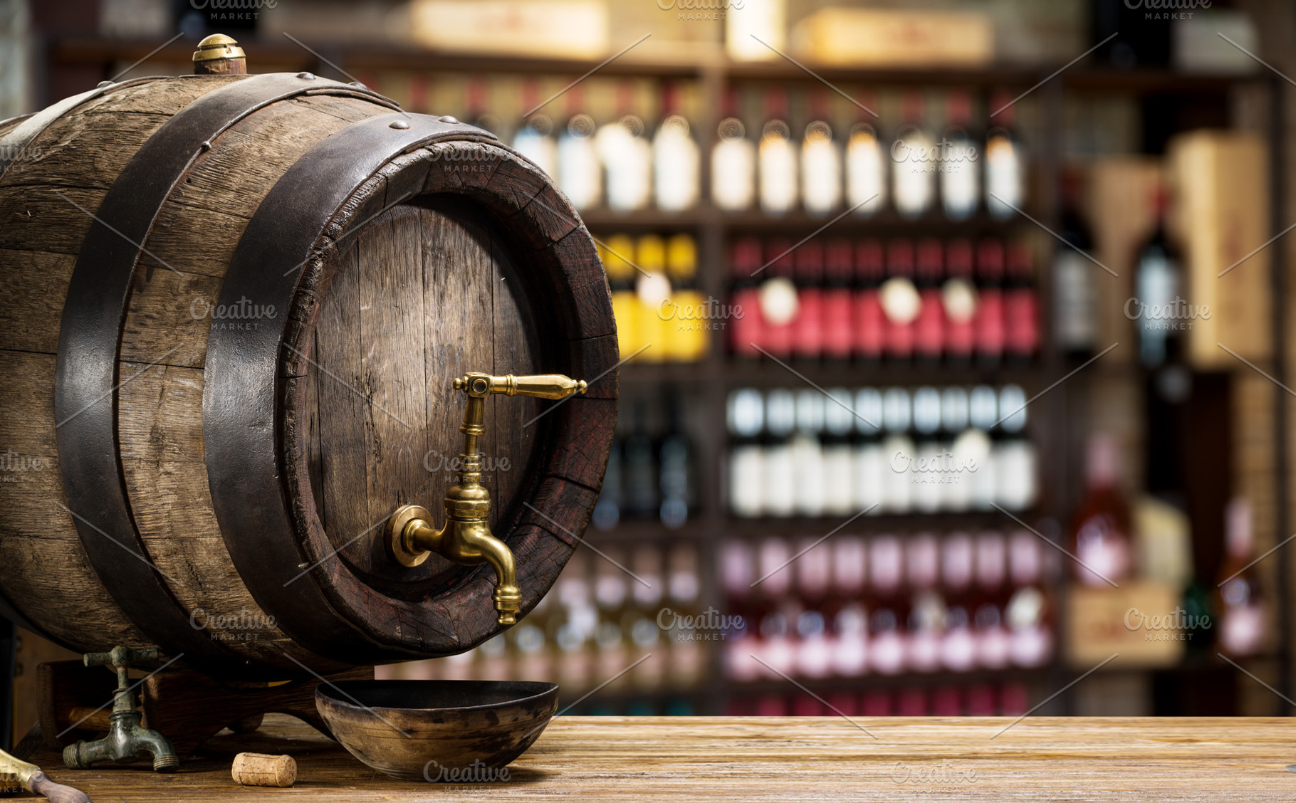 Wine barrel with copper tap and bottles of wine on the shelves a, a Food & Drink Photo by Volff