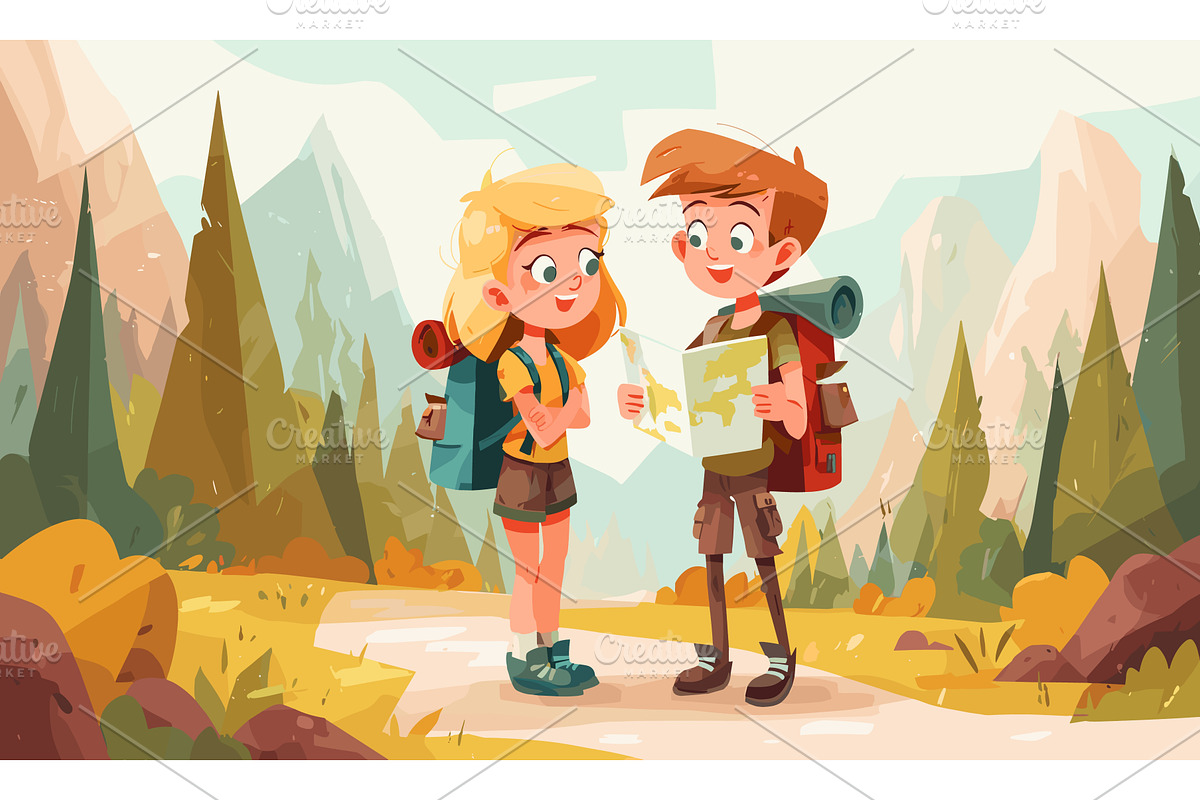 Teenagers hiking. Cartoon kids, a Sport Illustration by Stock-Smart-Start