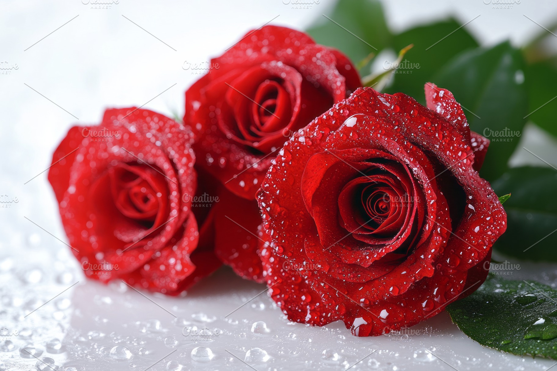 Three vibrant red roses adorned with water droplets, symbolizing love and beaut, a Background Photo by ImageMir