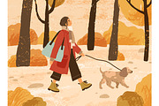 Woman walking dog in autumn park, an Animal Illustration by Good Studio (Thumbnail 1 of 2)