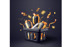 3D Shopping basket with gift boxes, an Illustration by Abscent