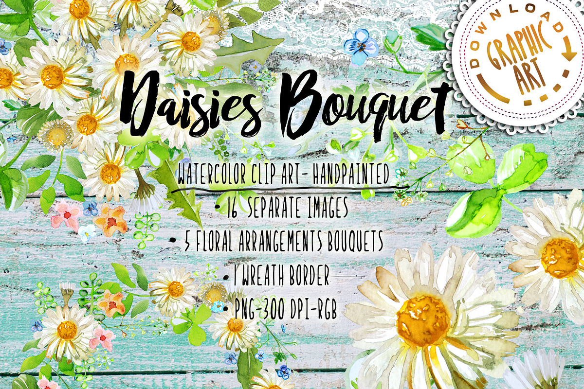 Daisies Bouquet Clipart Watercolor, a Decorative Illustration by Download Graphic Art (Photo 1 of 8)