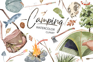 Watercolor Camping Clipart. Forest