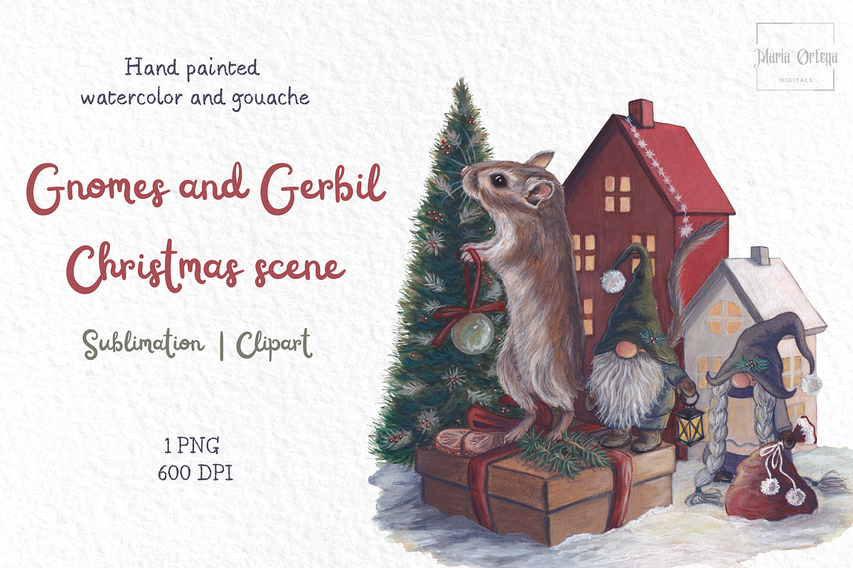 Gnomes and Gerbil Christmas Scene, an Illustration by MariaOrtegaDigitals (Photo 1 of 5)