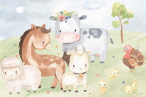 FARM ANIMALS. Watercolor