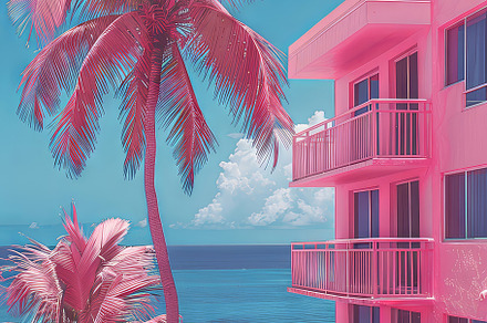 Stylish Pink Hotel and Palm Tree by the Ocean with Minimalist Artistic Flair, a Photo by AS photostudio