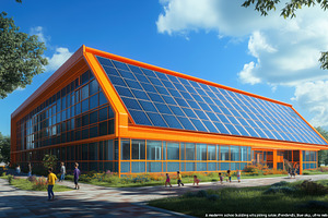 A modern school building with solar panels on the roof, surrounded by greenery, a Transportation Photo by Textures & Backgrounds