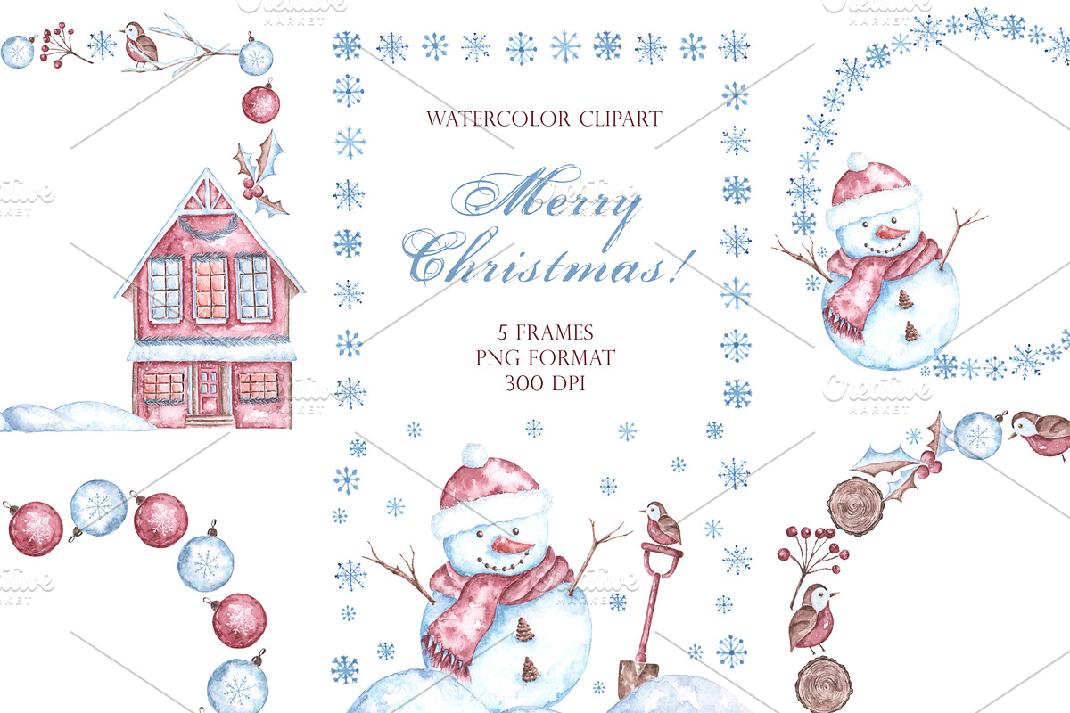 Christmas snowman watercolor clipart, a Seasonal Illustration by SabinaWatercolorArt (Photo 8 of 17)