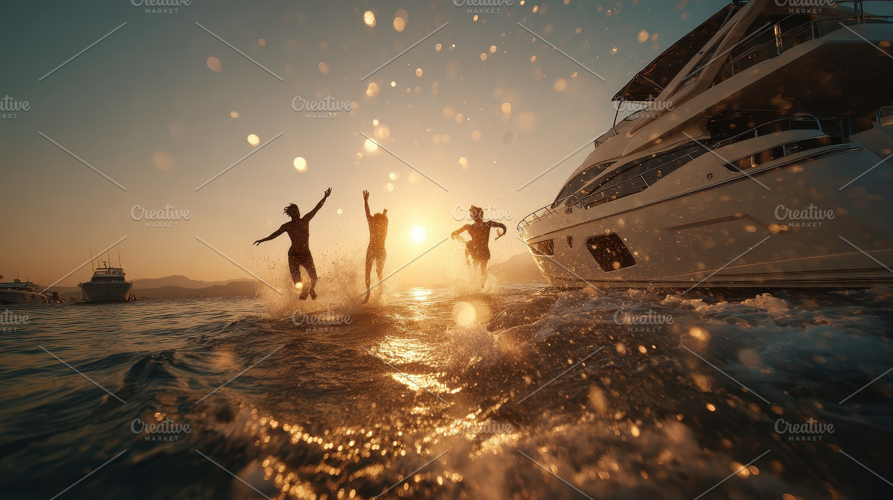 Friends jumping into ocean sunset ya, a Photo by Pixeness Studio