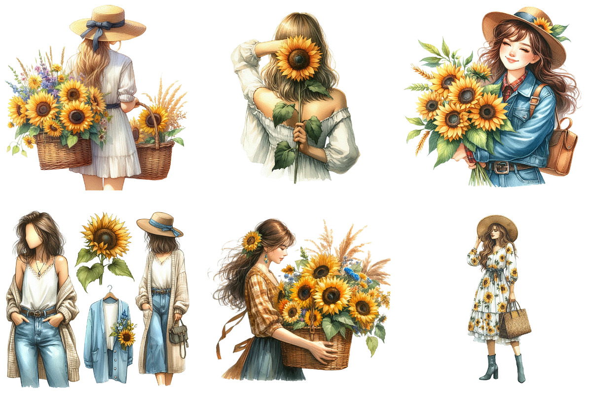 Watercolor Sunflower Woman Clipart, an Illustration by DreamArtGraphic (Photo 2 of 4)
