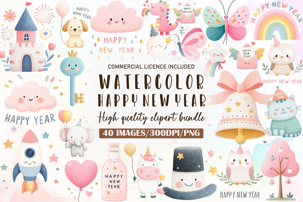 Whimsical Happy New Year Clipart, an Illustration by Sublimation Artist (Photo 1 of 6)