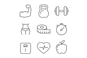 Fitness And Gym Line Icons On White