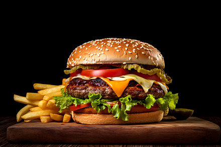 Bacon burger with beef patty potato, a Food & Drink Photo by shahsoft