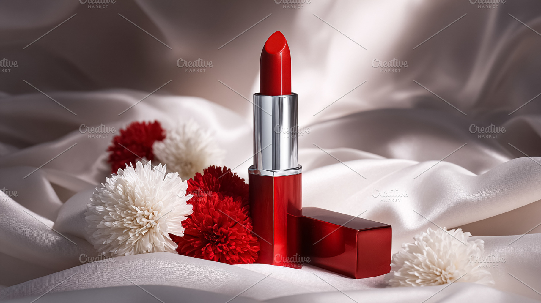 Red lipstick tube opening showing the product, placed on draped, a Photo by Studio ANNA