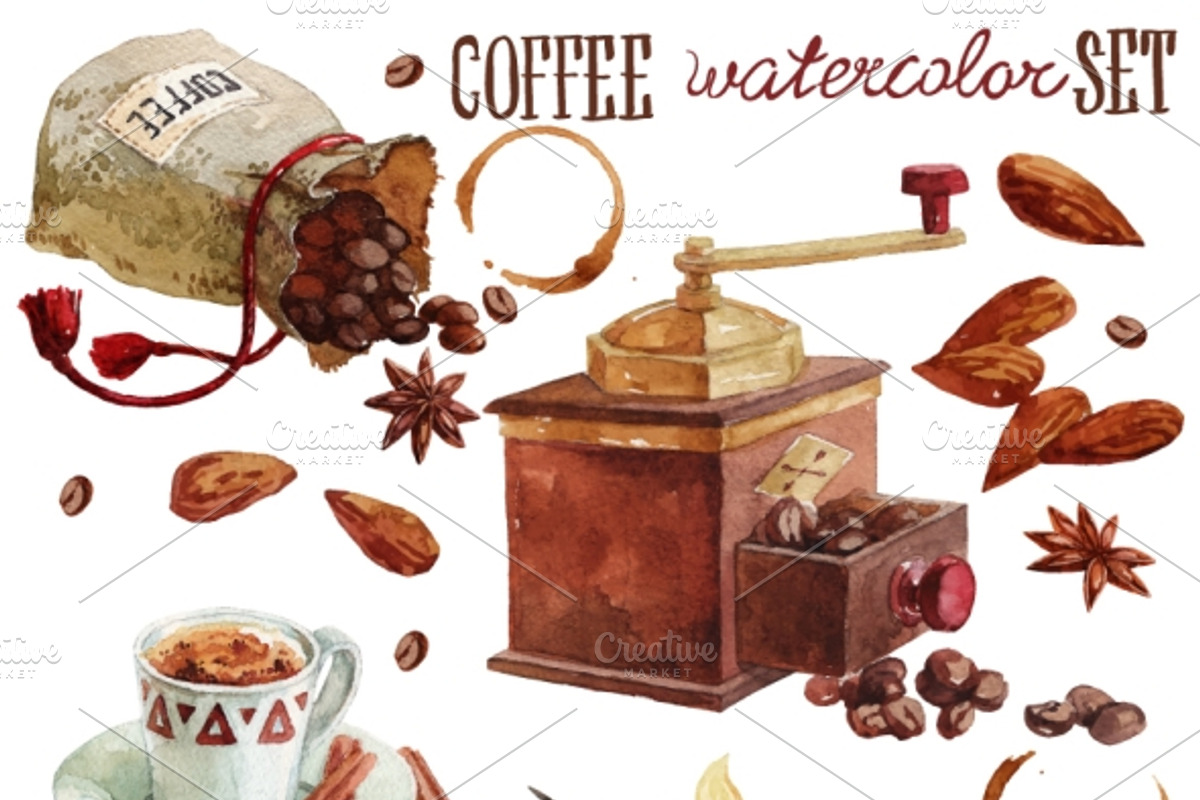 Coffee watercolor collection, a Food Illustration by JaneLane