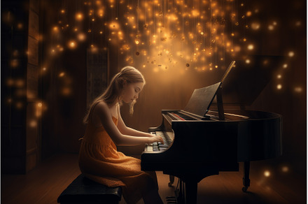 Girl plays piano at home. Generate, a School & Education Photo by Ylivdesign