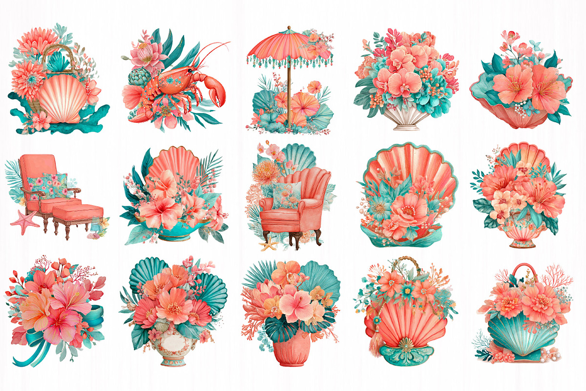 coral cabana watercolor clipart, an Object Illustration by DreamCafeArt (Photo 4 of 6)
