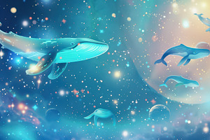 Pod of whales swimming in a colorful cosmic ocean filled with stars and nebulae, a Nature Photo by Mashimara