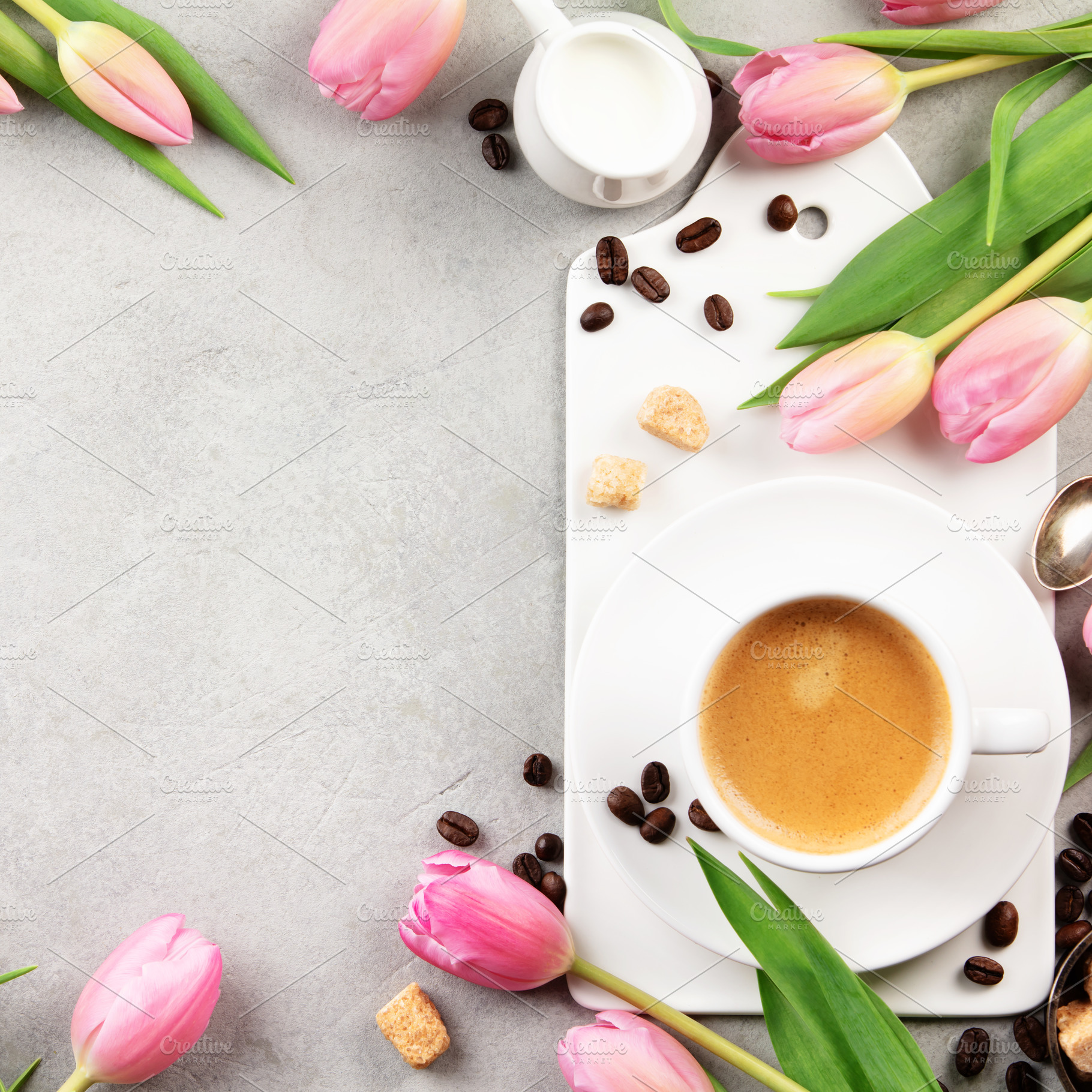 Spring Coffee Flat Lay with Tulips and Gift Box, a Food & Drink Photo by Natalia Klenova's Shop