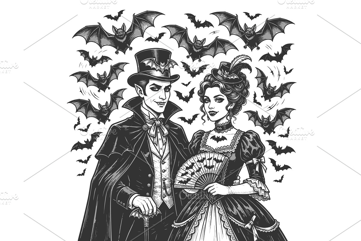 Victorian Vampire Couple Surrounded, a Person Illustration by AlexArt