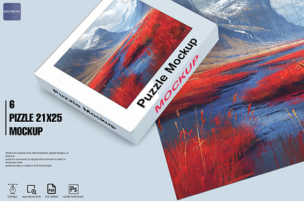 Puzzle Mockup and Box mock 525 piece, a Merchandise Mockup by GraphicVil