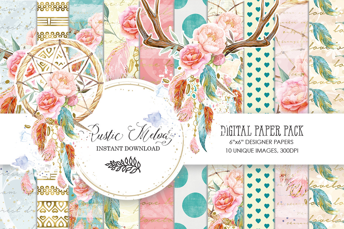 DREAMCATCHER DIGITAL PAPER PACK, a Pattern Graphic by rusticmelody (Photo 1 of 3)