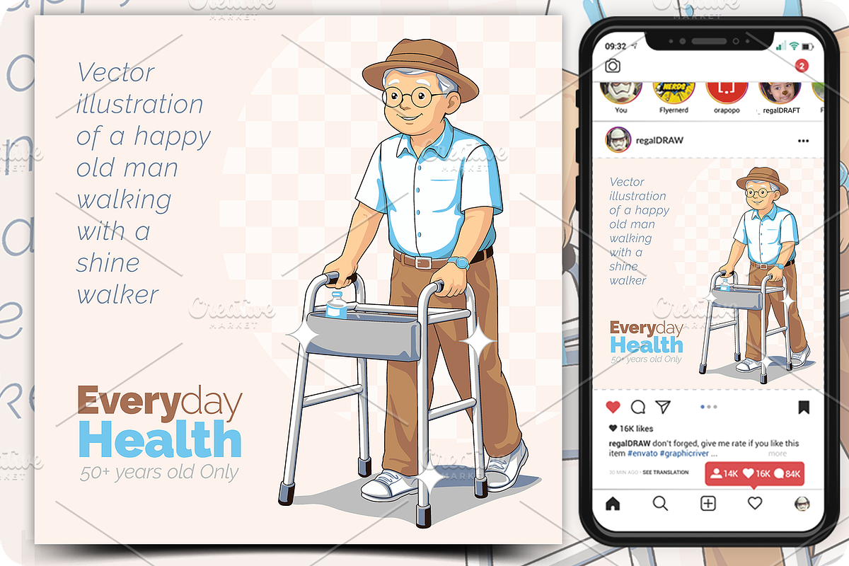 Old man walking with a shine walker, a Healthcare Illustration by regalDRAW (Photo 1 of 3)