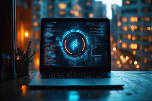 Computer displaying futuristic coding in an urban setting at night, a Technology Photo by AlyaAnd