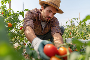 Man harvests ripe tomatoes in a vibrant vegetable garden during a sunny day, a Food & Drink Photo by AlyaAnd