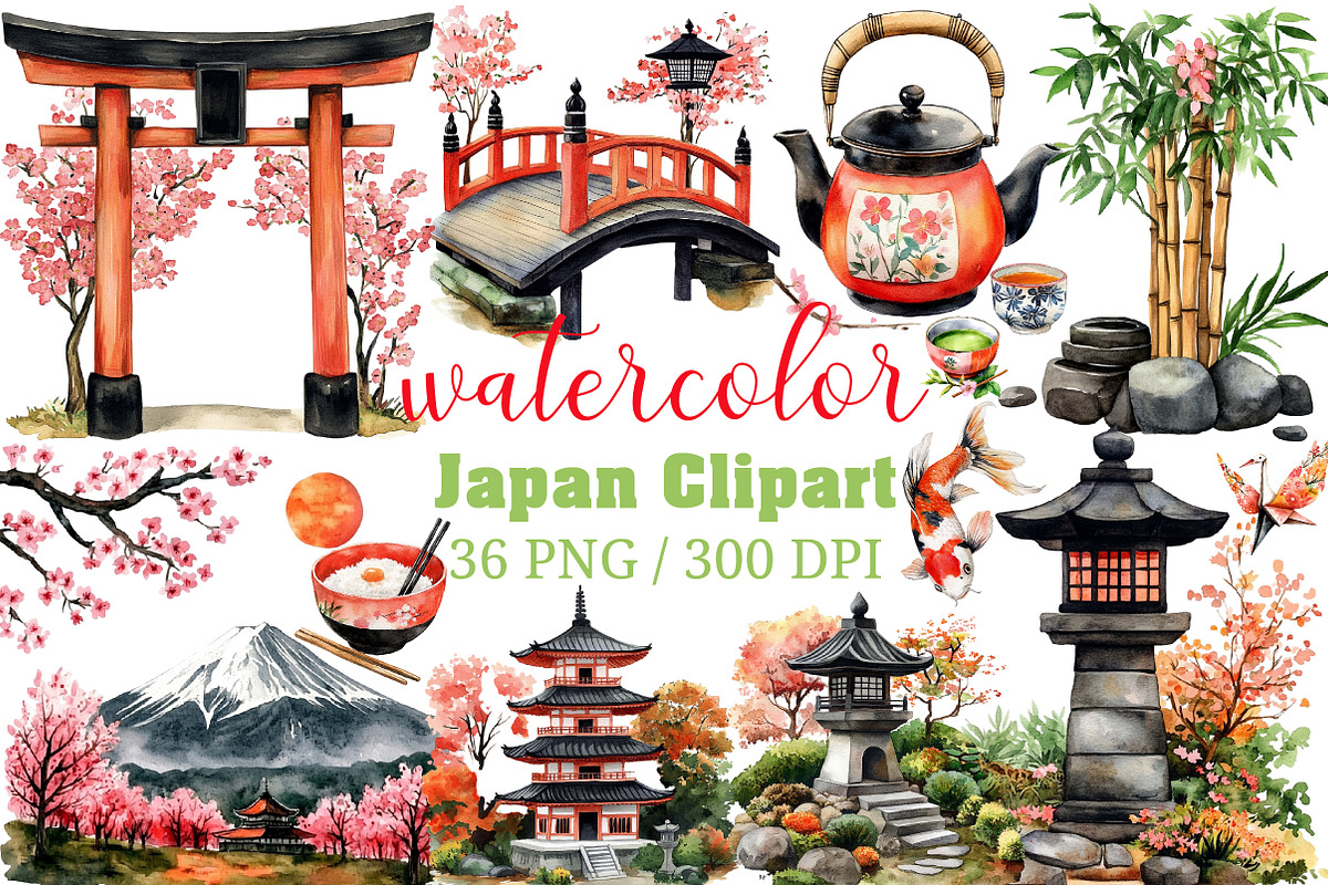 Watercolor Japan Clipart PNG, an Illustration by Craft Nest (Photo 1 of 12)