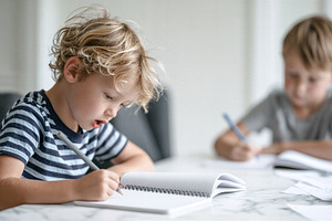 Two young boys writing in notebooks, a School & Education Photo by 7DesignLab