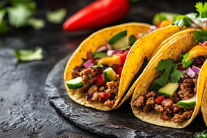 Three crispy tacos filled with beef, a Food & Drink Photo by MistyDay