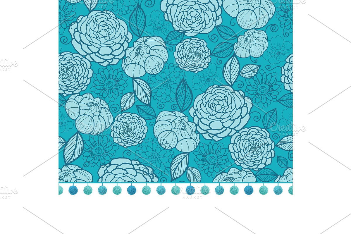 Vector pompom border trim on blue flowers seamless repeat pattern design background print. Perfect for clothing, fabric, home decor, wrapping projects., a Decorative Illustration by Oksancia's Surface Design
