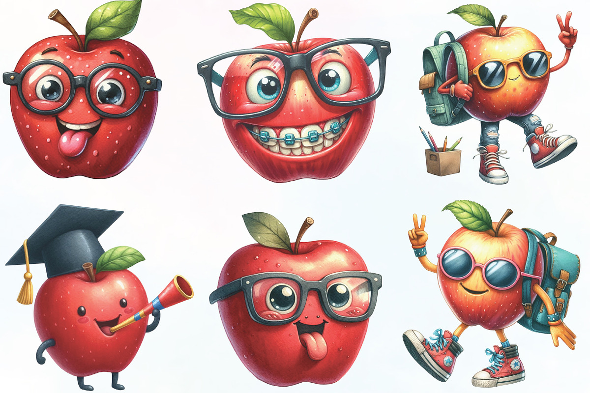 Back to School Funny Apple Clipart, an Illustration by CraftArtStudio (Photo 2 of 6)